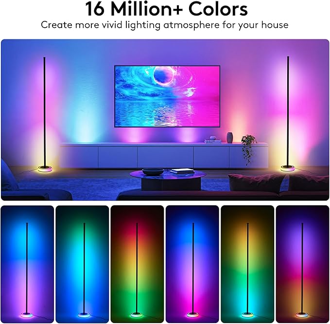 59" Smart LED Corner Floor Lamp, RGBICW Color Changing Ambient Lighting, App Control Music Sync Mood Light, Modern Dimmable Room Decor for Bedroom, Living Room, Gaming Setup, Black
