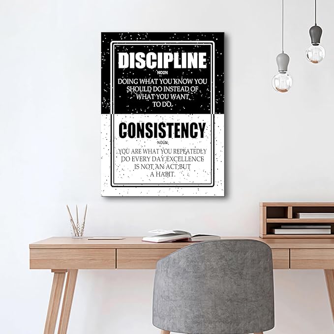 Discipline Consistency Inspirational Canvas Wall Art Motivational Positive Quote Poster Print Artwork for Home Office Room Gym Classroom Framed Ready to Hang [18''Wx24''H]