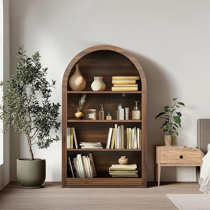 Bookcase, 4-Tier Tall Bookshelf, 47.6" Wood Open Display Floor Arched Book Shelf, Large Storage Organizer for Bedroom and Living Room Brown