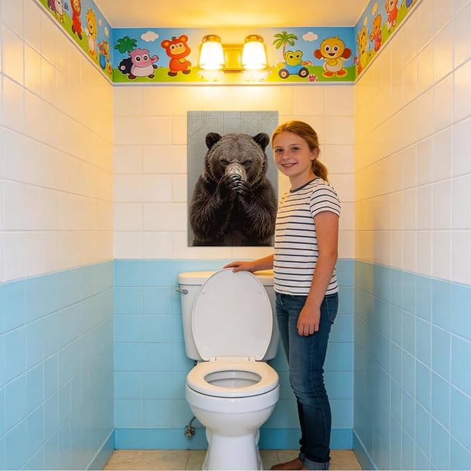 YOUHONG Funny Bear Bathroom Decor with Wooden Frame, Lightweight Bathroom Bear Holding Nose Wall Art Humor Animals Painting for Restroom Toilet,Funny Animals Posters Ready to Hang 24x36 Inches