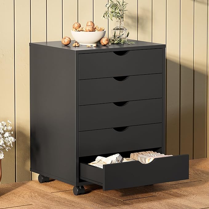 NEWBULIG 5 Drawers File Cabinet Under Desk Storage with Wheels Small Rolling Office Filing Cabinets Chest of Dawers for Home Office Black