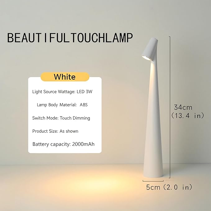 Portable LED Table Lamp with Touch Control, White, 3 Brightness Levels,2000mAh Battery, USB Rechargeable, Cordless, 4500K Color Temperature