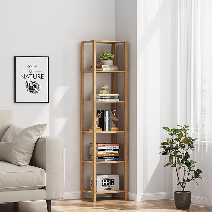TUTOTAK Bookshelf, 6-Tier Tall Book Shelf, Narrow Bookcase for Small Space, DIY Stackable Bookshelf, for Living Room, Office, Study, Entryway, Industrial, Natural BS01BN006