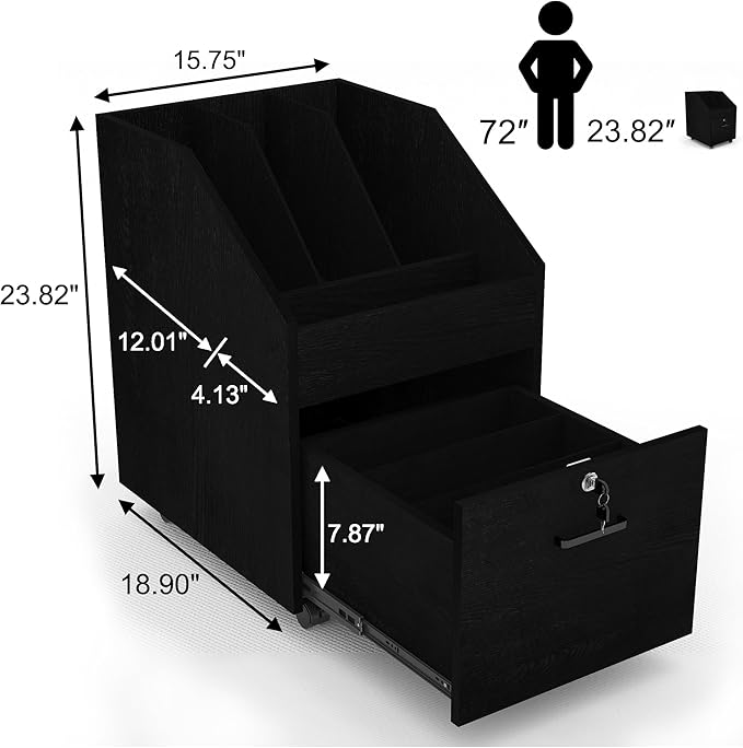 Mobile File Cabinet with Lock,Under Desk Rolling File Cabinets for Home Office,Wood Filing Cabinet (Black)
