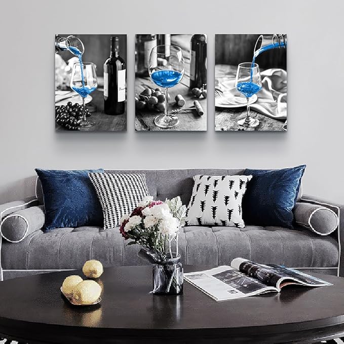 Lapremoly Blue Wine Wall Art Prints - 3 Pieces Canvas Art for Kitchen, Dining Room, Bar, Restaurant - Modern Inspiration Wall Decor with Black and White Wine Glasses Theme