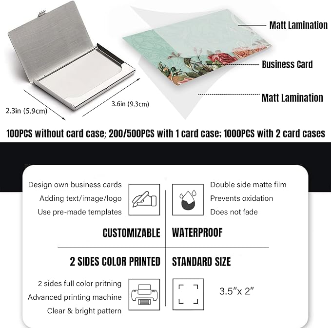 Business Cards Customize with Floral Templates, Custom Business Cards Personalized with Your Logo, 3.5"X 2" 300gsm Matte Paper for Small Business