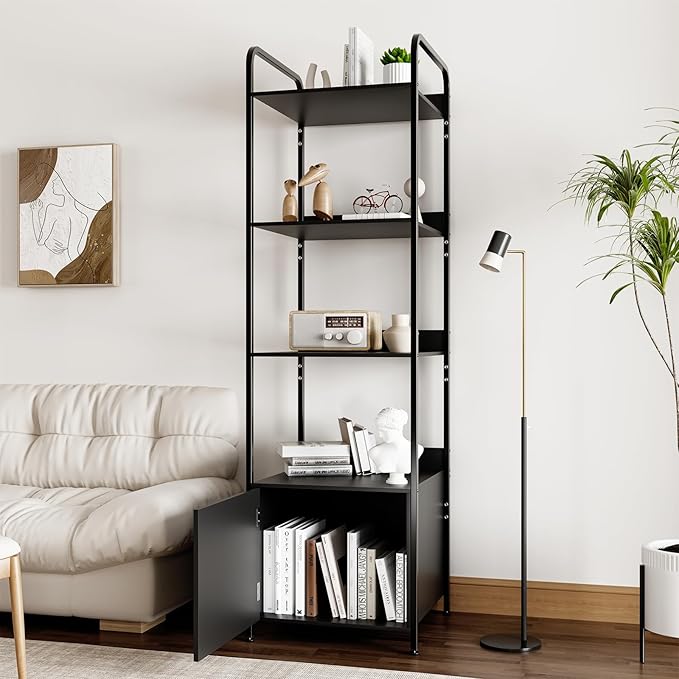 5-Tier Book Shelf with Storage Cabinet, Freestanding Bookcase, Industrial Book Organizer Shelf for Living Room, Bedroom, Home Office, Rustic Brown Wood and Metal Design (Black, 5-Tier)