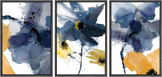 SIGNWIN Framed Canvas Wall Art Blue and Orange Blossoms Botanical Flower Watercolor Modern Art Tropical Relax/Calm for Living Room, Bedroom, Office - 24"x36"x3 Black