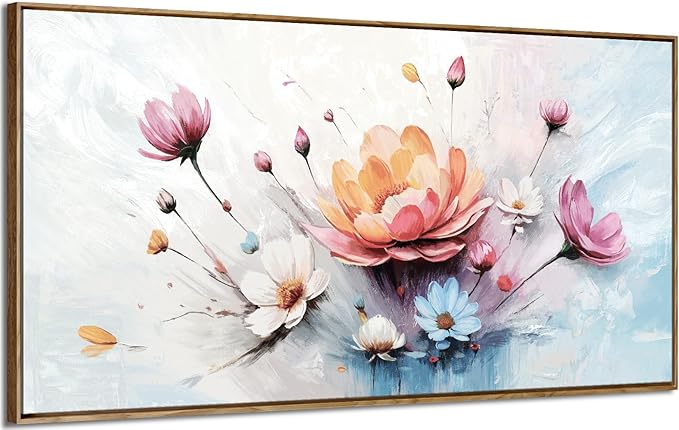 amatop Large Framed Floral Wall Art | Elegant Abstract Pink & Blue Bloom Bouquet – Daisy Peony Botanical Wall Art for Living Room, Bedroom & Dining Room (48x24 Inch)