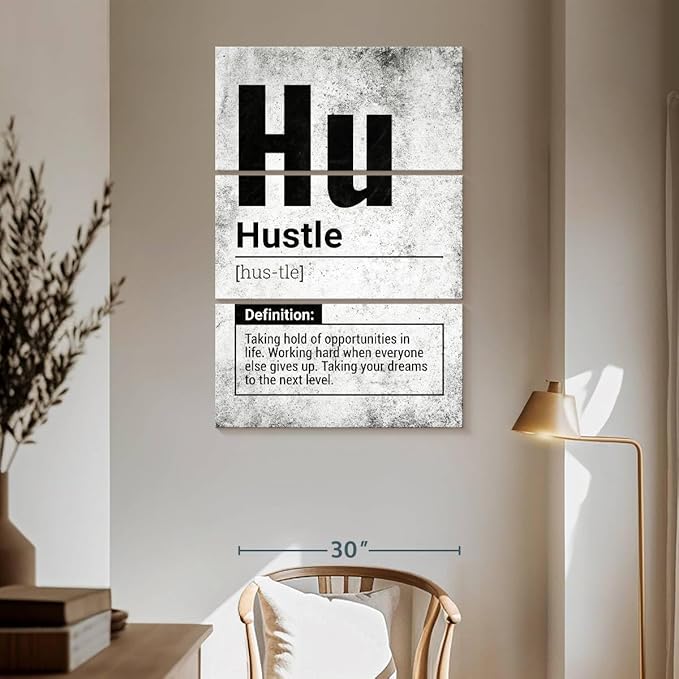 Elephant Stock - Hustle Definition Grunge Wall Art - Vertical Multi Panel Canvas - 3 Piece Living Room Wall Decor - Digital Art Inspirational And Typography Multi Piece Wall Art - Black And Gray Decor - 42" x 65"