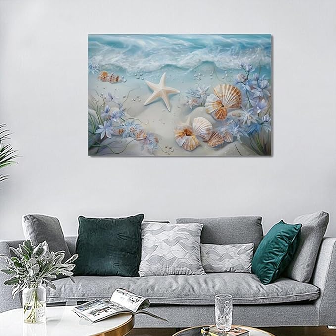 Beach Seashell Bathroom Wall Art Coastal Floral Pictures Wall Decor Flower Starfish Canvas Painting Modern Decoration Artwork for Bathroom Living Room Bedroom Office Framed 24"x16"