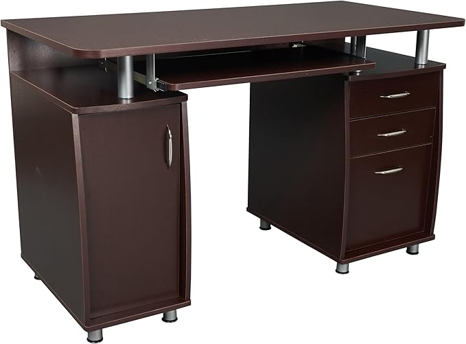 Techni Mobili 47.5'' Computer Desk with File Cabinet and Drawers, Storage Cabinet with Removable Shelf and Ventilation for CPU, Home Office Desk or Computer Workstation with Keyboard Tray (Chocolate)