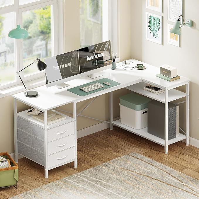 Simple Deluxe L Shaped Gaming Desk with Power Outlets, 55 Inch Computer Desk with 3 Drawers, Shelves, Corner Computer Desk for Gaming, Corner Work, Home Office, Study, White