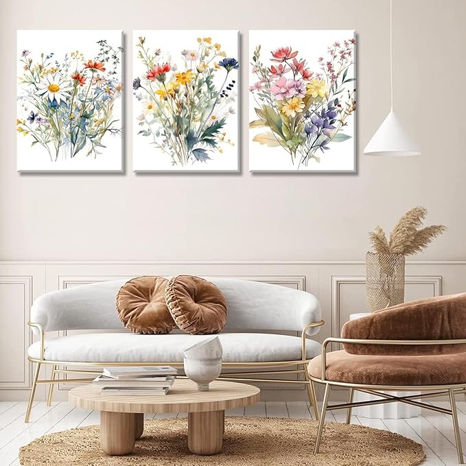 Colorful Wildflower Canvas Wall Art Watercolors Botanical Flower Painting Picture Wall Decor Modern Painting Floral Poster Print Artwork for Bedroom Living Room Gallery Home Decoration Framed