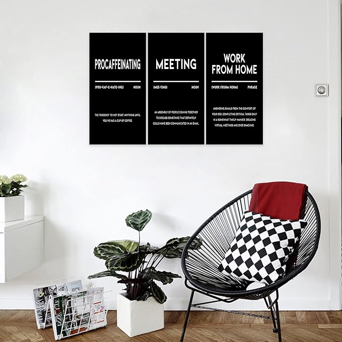 3 Piece Inspirational Canvas Wall Art, Quotes "Procaffeinating - Meeting - Work From Home" Motivational Print Pictures, Triptych Entrepreneur Poster Framed Artwork for Men Women Room Decor(36"Wx18" H)