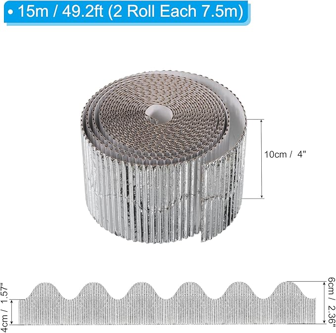PATIKIL 3.9inch x 49.2ft Bulletin Board Border, Scalloped Trim Paper Corrugated Paper for Locker Classroom Decor Black White Cork Poster Boards, Silver