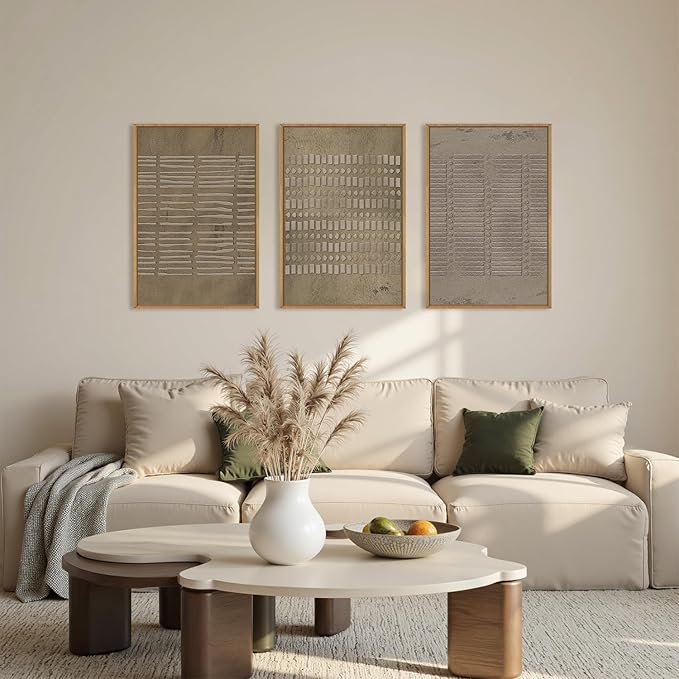 Large Abstract Brown Beige Framed Canvas Wall Art,Modern Lines Dots Wall Decor,Boho Neutral Minimalist Artwork,Mid Century Geometric Art Print for Living Room,Bedroom,Office- 24"x36"x3