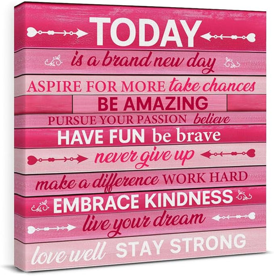 Pink Wall Decor, Inspirational Office Wall Art for Women, Motivational Quotes Room Decor For Teen Girls, Pink Framed Canvas Posters for Bedroom Kitchen Home Decorations, 8 x 8 Inches