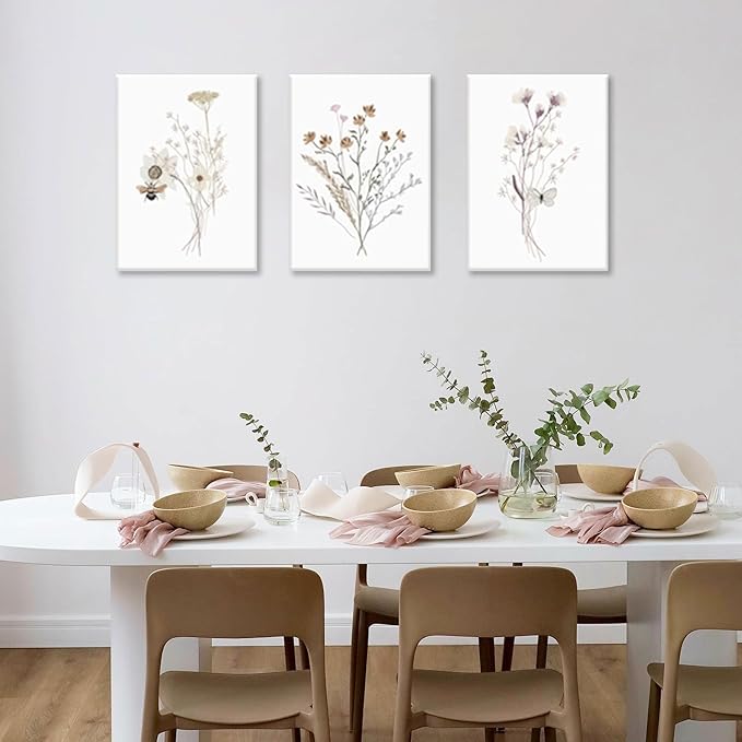 Bwodke Framed Wildflower Wall Art Butterfly Bee Botanical Floral Poster Canvas Prints Set of 3 Minimalist Nature Boho Pictures Vintage Farmhouse Decor Painting Bedroom Bathroom Living Room 16x24in
