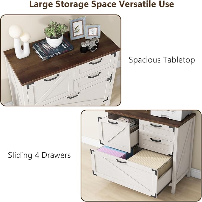 Vabches Lateral File Cabinet, Farmhouse 4 Drawer File Cabinet for Letter/Legal/A4 Size Hanging Files, Large Wood File Storage Cabinets Printer Stand for Home Office, Rustic White