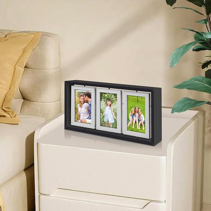ZEEYUAN 4x6 Desk Picture Frame Rotating Double-Sided Picture Frame, 4x6 Tabletop Wooden Collage Family Pictures Frame for Office Desktop Home Decor, Holds 6 Photos, Black