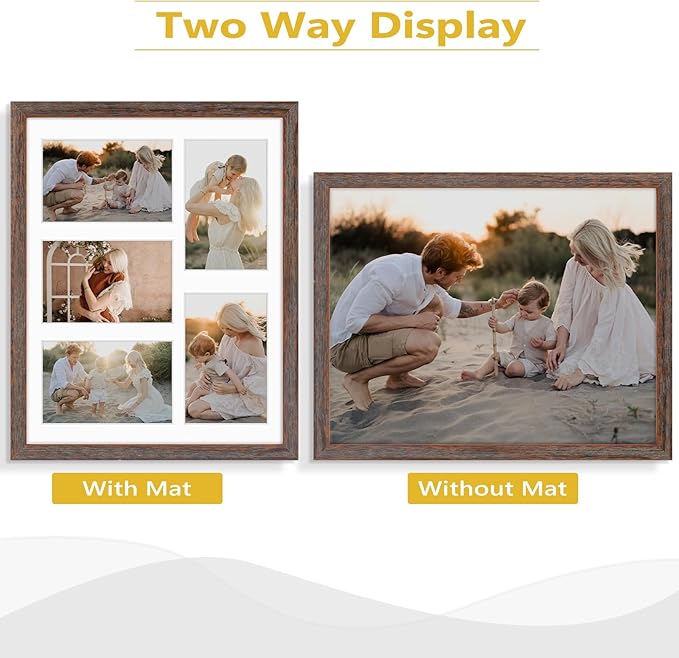 Golden State Art, 11x14 Distressed Brown Wood Frame with White Mat - Displays Five 4x6 Photos - Real Glass, Sawtooth Hangers, Swivel Tabs - Wall Mounting, Landscape, Portrait