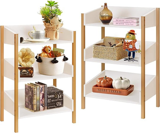 VECELO Bookshelf,Small Bookcase,3-Tier Storage Organizer,Industrial Shelving Unit for Living Room,Classroom,Office,Dormitory,Set of 2,White