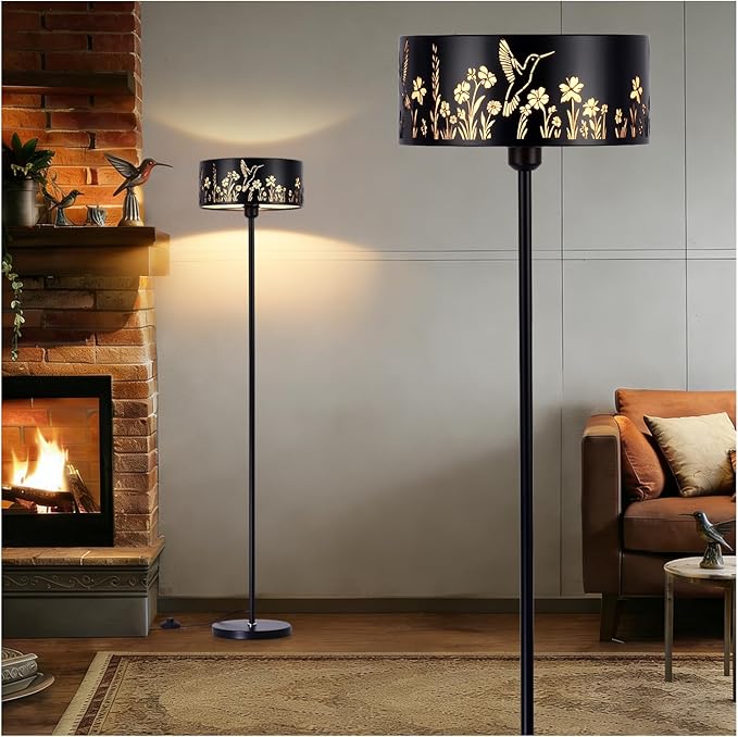 Mid Century Floor Lamp,Unique Hummingbird Floral Black Farmhouse Drum Gothic Floor Lamp with White Parchment,57.67" Tall Metal Rustic Standing Light for Living Room,Bedroom,Home,Office