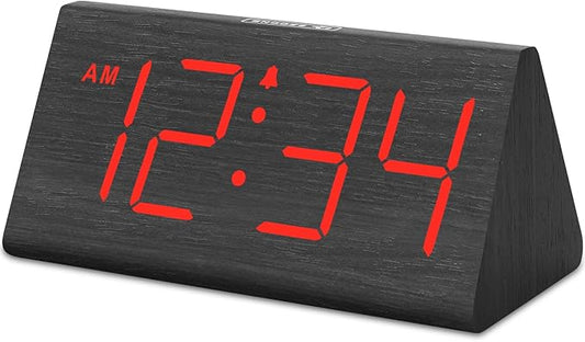 DreamSky Wooden Digital Alarm Clocks for Bedrooms - Electric Desk Clock with Large Red Numbers, USB Port, Battery Backup Alarm, Adjustable Volume, Wood Décor, Dimmer, Snooze, DST (Adapter Powered)