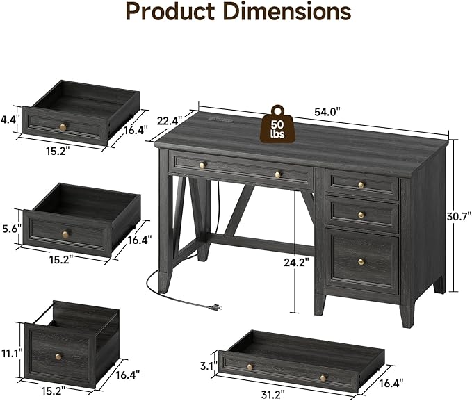 ONBRILL 54 Inch Farmhouse Executive Desk, Computer Desk with Storage Drawers & File Drawer, Modern Home Office Desk with Charging Station for Working, Studying, Writing, Brown (Black)