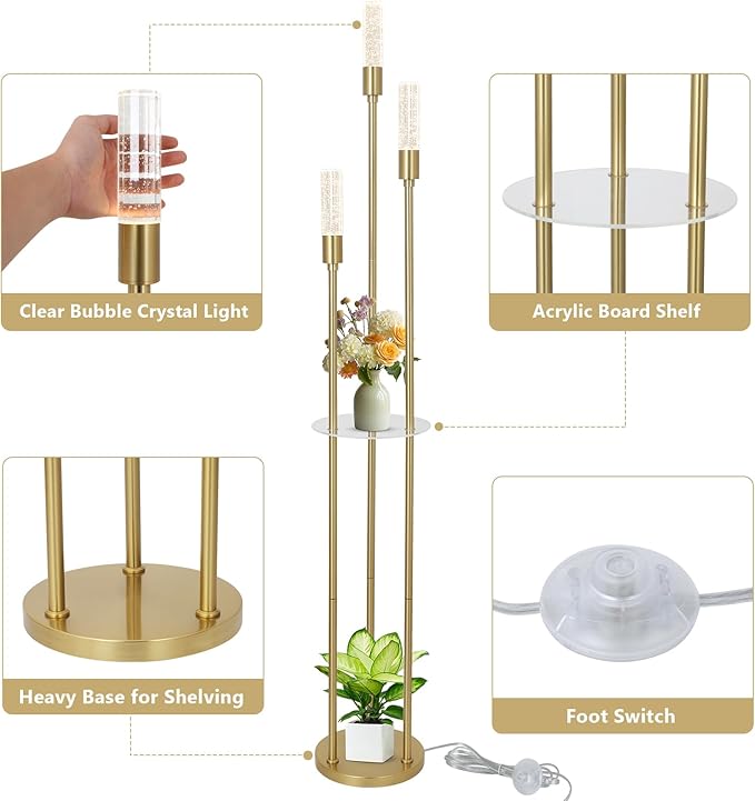 Modern Gold Floor Lamps for Living Room, Bubble Crystal Floor Lamp with Shelves, Built-in LED Lights, Brass Standing Lamps with Foot Switch, Corner Tall Floor Lamp for Bedroom, House Decor