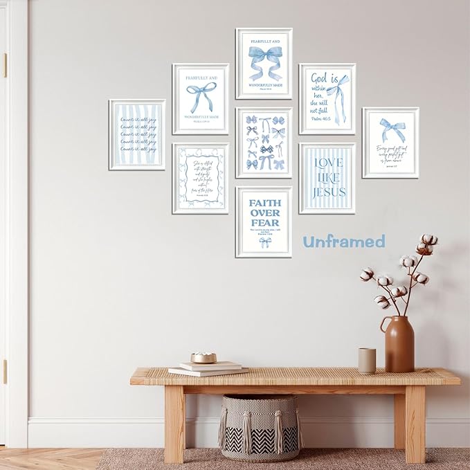Blue Bows Jesus Bible Canvas Wall Art Set of 9, Coquette Trendy Preppy Aesthetic Girl Posters Prints Wall Decor, Christian scripture Lovers Gifts for Home Decor Living Room Bedroom 8x10In Unframed