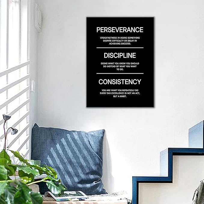 Inspirational Canvas Wall Art Perseverance Discipline Consistency Office Success Quotes Poster Wall Decor Motivational Picture Painting for Home Living Room Gym Stretched and Framed [18''W X 24''H]