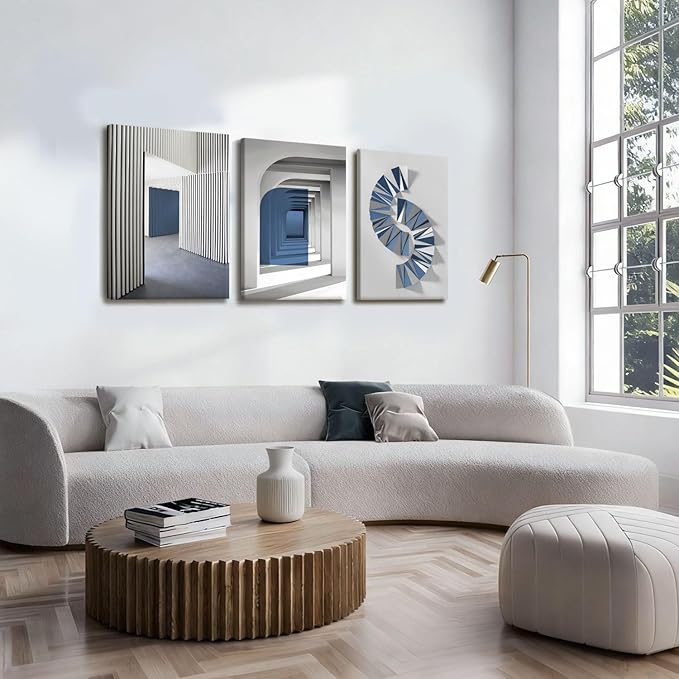 NCCXNCC 3-Pcs Abstract Blue Canvas Wall Art Neutral Minimalist Paintings Gray Geometric Posters Print Modern Architecture Image Artwork Living Room Bedroom or Office Wall Decoration 16x24 inch