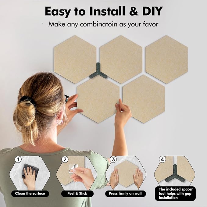 8-Pack Hexagon Felt Cork Board, 1/2" Thick Felt Bulletin Pinboard with 80 Push Pins, Adhesive Tabs, Geometric Cork Wall Tiles for Photos, Memos, Home & Office Decor (Beige)
