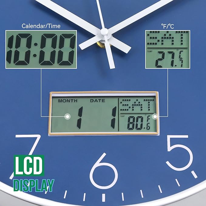 Wall Clock with LCD Display Non-Ticking Silent Quartz Movement Decor Clock with Perpetual Calendar and Temperature Modern Style Round Wall Clocks for Office/Living Room/Bedroom (Blue, 12inch)