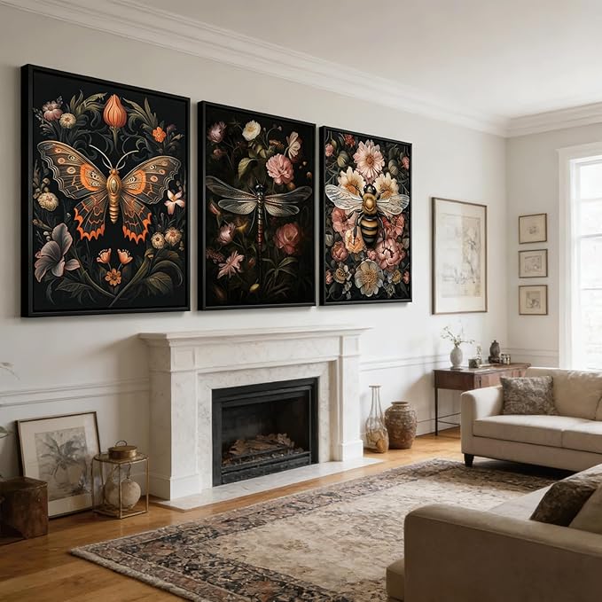 3pcs Dark Floral Wall Art Vintage Butterfly Dragonfly Bee Painting Picturts Wall Decor Gothic Dark Academia Aesthetic Posters Print Artwork for Bedroom Living Room Home Decoration 16x24in Unframed