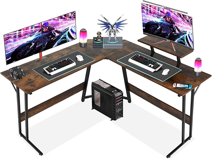 L Shaped Gaming Desk, 50 Inch Corner Desk, Office Computer Desk with Large Monitor Stand for Home Office Sturdy Writing Workstation, Easy to Assemble, Brown