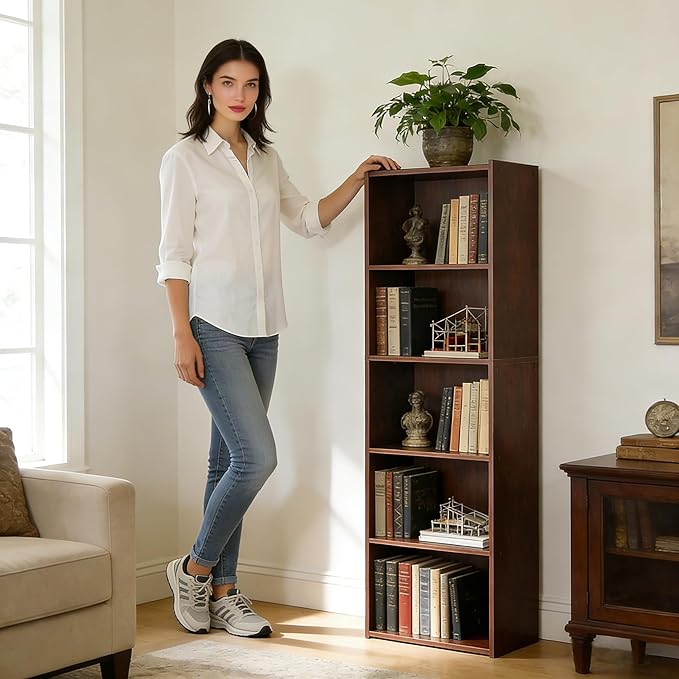 5-Tier Narrow Bookcase for Small Spaces, Freestanding Bookshelf Organizer with Open Shelves for Home Office, Bedroom, Apartment, Kids Room, Storage for Books, Toys and Bins, Rustic Brown