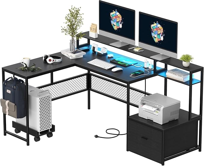 L Shaped Desk with Drawers, 66" Home Office Desk with Power Outlet and Led Strip, Computer Desk with Storage Shelves & Monitor Stand, Large Corner Desk Gaming Desk, Black
