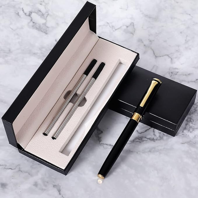 FEIDIAO Beautiful Ballpoint Pen Set,Office Business Signature Ballpoint Pen with 2 Replacement Black Refills, 0.5mm Nib, Black Classic Gift Box, Writing Gift for Men and Women (Black Gold A)