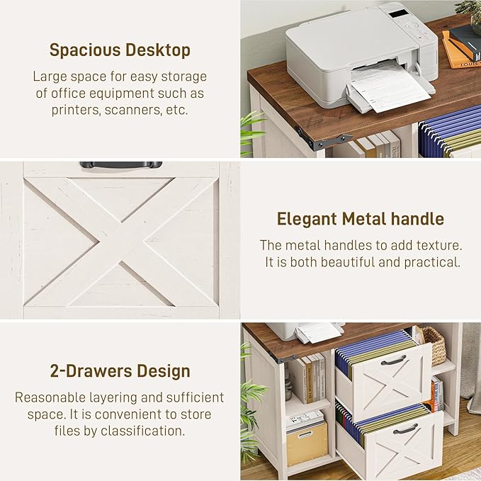 Vabches File Cabinet with 2 Drawers, Farmhouse Lateral File Cabinet Fits Files Letter/A4 Size, Wooden Filing Cabinet with Adjustable Shelves Printer Stand for Home Office, Rustic White