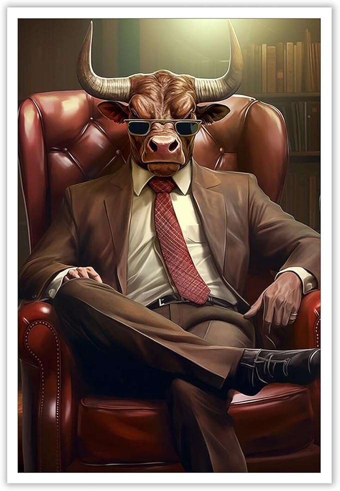 Trendy Suit Animal Cow Portrait Wall Art Funny Boss Cow Canvas Posters Work Struggle Motivation Inspiring Prints Painting For Office Living Room Wall Decor 24x36in Unframed