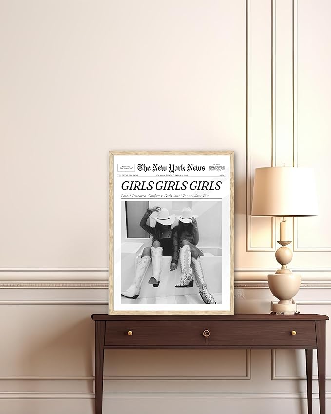 iHery Girls Just Wanna Have Fun Framed Trendy Cowgirl NewsPaper Wall Art, Small 8x10in Natural OAK Wood Black and White Canvas Wall Decor For Bedroom Dorm Living Room,Vintage Bar Car Home 1Pack
