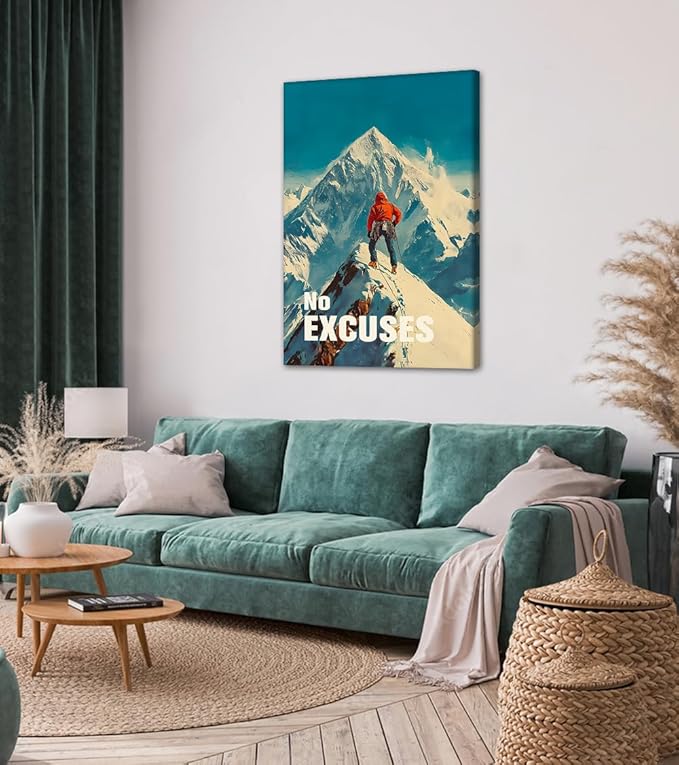 No Excuses Motivational Wall Art - Climber Canvas Print with Encouraging Quote, Inspirational Poster Snow Mountain Picture Wall Decor Inspiring Success Artwork for Office Home Gym, Framed 28"x44"