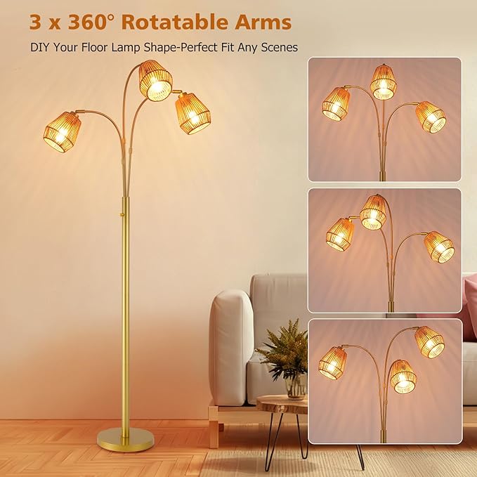 9MMML Vintage Gold Arc Floor Lamp with Rotatable Arms & Rattan Lampshade, 3-Light Mode Rotary Switch Adjustable, 72.5'' Tall Standing Lamp for Living Room, Bedroom, E26 Base