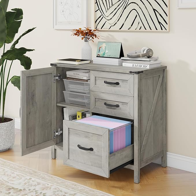 Lateral File Cabinet with 3 Drawers, Farmhouse File Cabinet for Letter/A4 Size Hanging Files, Large Wood File Storage Cabinets Printer Stand for Home Office Furniture, Grey