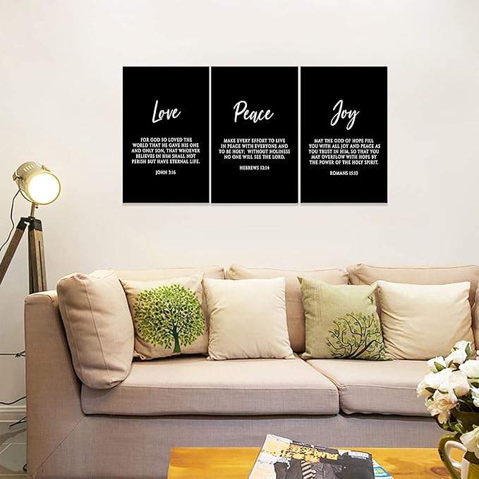 3 Piece Inspirational Wall Art, Black Sayings Prints Picture, Quotes "Love Peace Joy" Motivational Canvas Art for Religious Decor Gifts, Stretched And Framed Artwork for Home Wall Decor (48"Wx24" H)