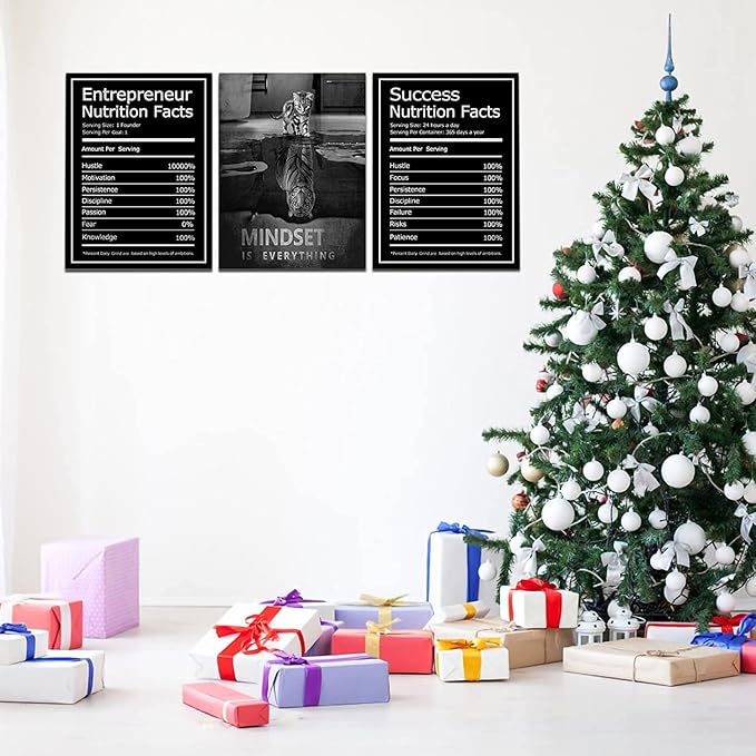 KAWAHONE Motivational Mindset Canvas Wall Art, Success Entrepreneur Nutrition Facts Mindset is Everything Office Inspirational Poster Prints Quotes Wall Decor GalleryWrapped Framed Easy Hang
