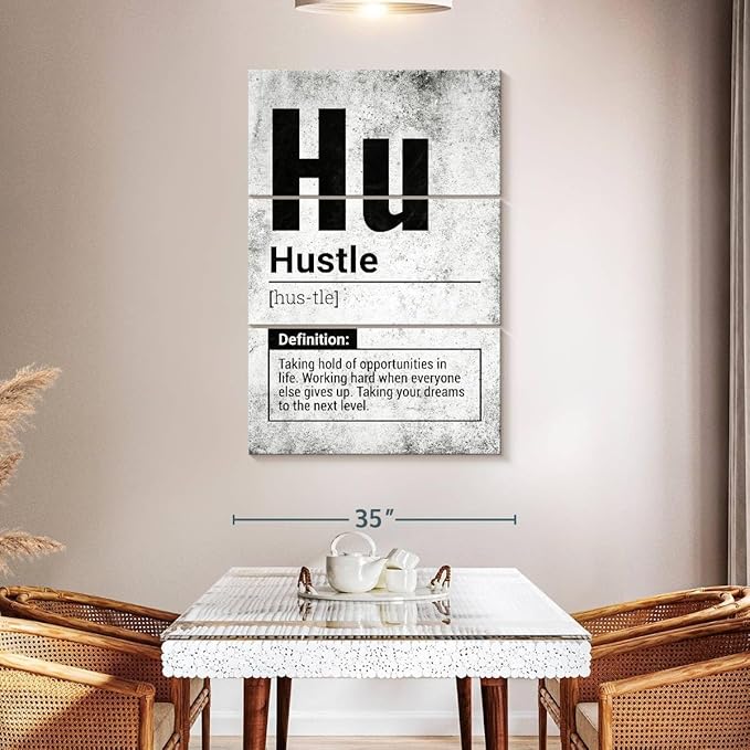 Elephant Stock - Hustle Definition Grunge Wall Art - Vertical Multi Panel Canvas - 3 Piece Living Room Wall Decor - Digital Art Inspirational And Typography Multi Piece Wall Art - Black And Gray Decor - 32" x 50"